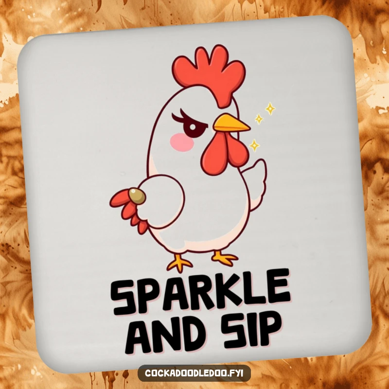 Funny rooster drink coaster featuring a character with a mischievous wink, offering a tiny, sparkling seed, protecting surfaces with charm.