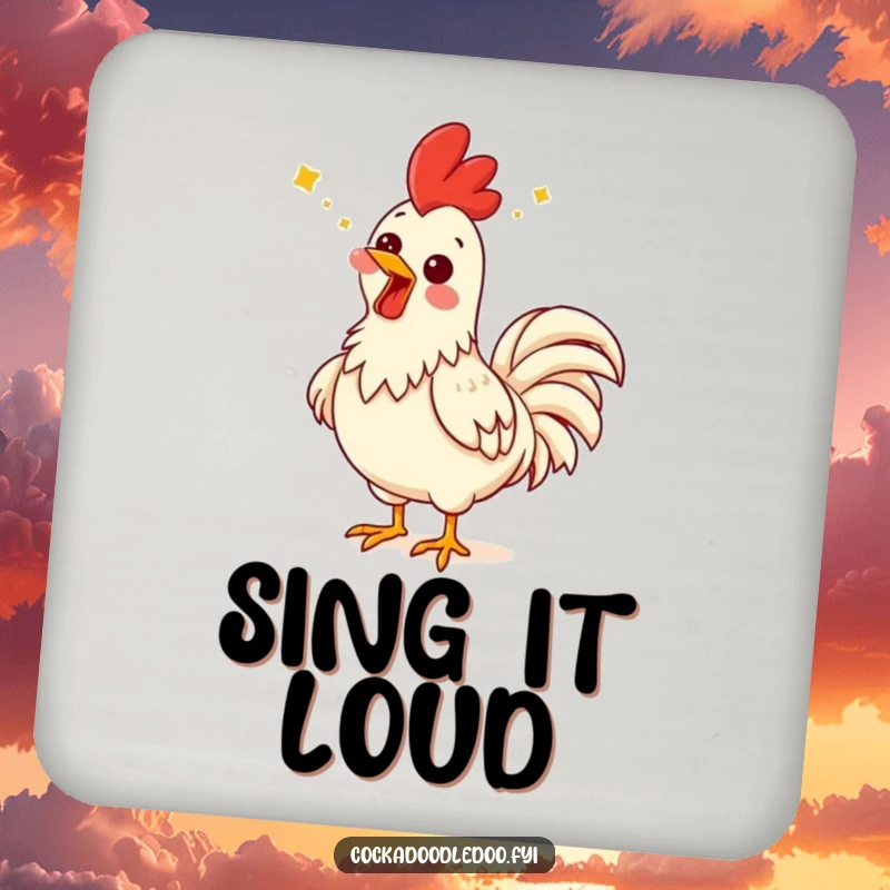 Funny rooster coasters featuring a rooster with a comical expression, head back singing a tune.