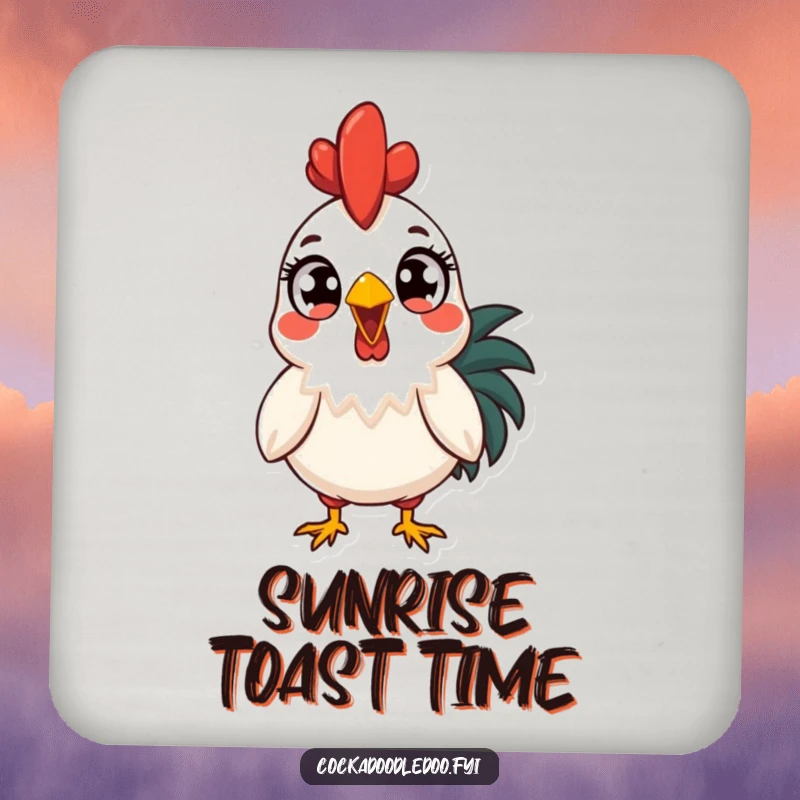 Funny surprised rooster drink coasters, wide-eyed at the sunrise. Protects surfaces with humor, ideal for fans of funny home decor gifts.
