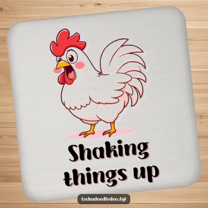 Funny Wide-Eyed Rooster Drink Coaster: A coaster showcasing a rooster with wide eyes, shaking its tail feathers in surprise.