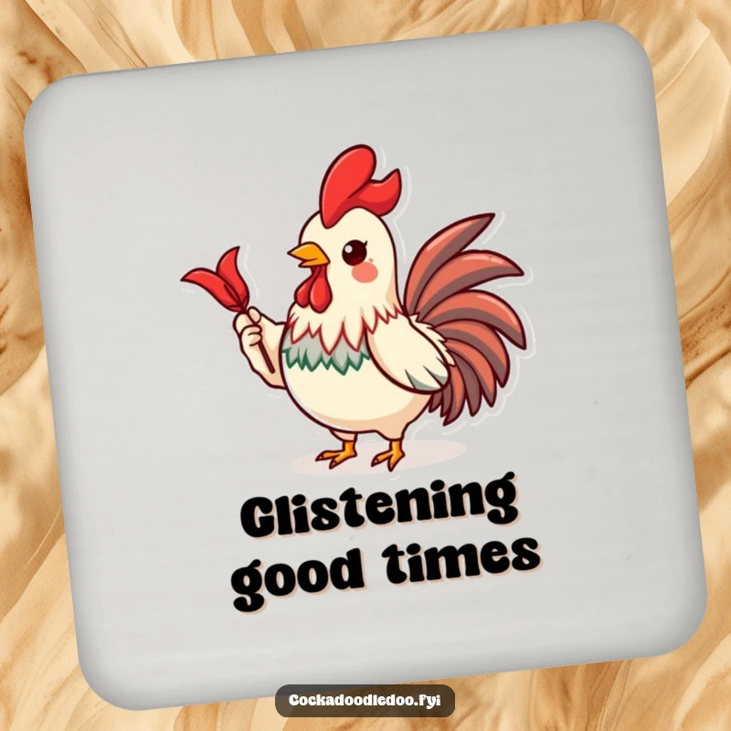 Funny drink coaster showcasing a proud Kawaii rooster character displaying a shiny red feather.