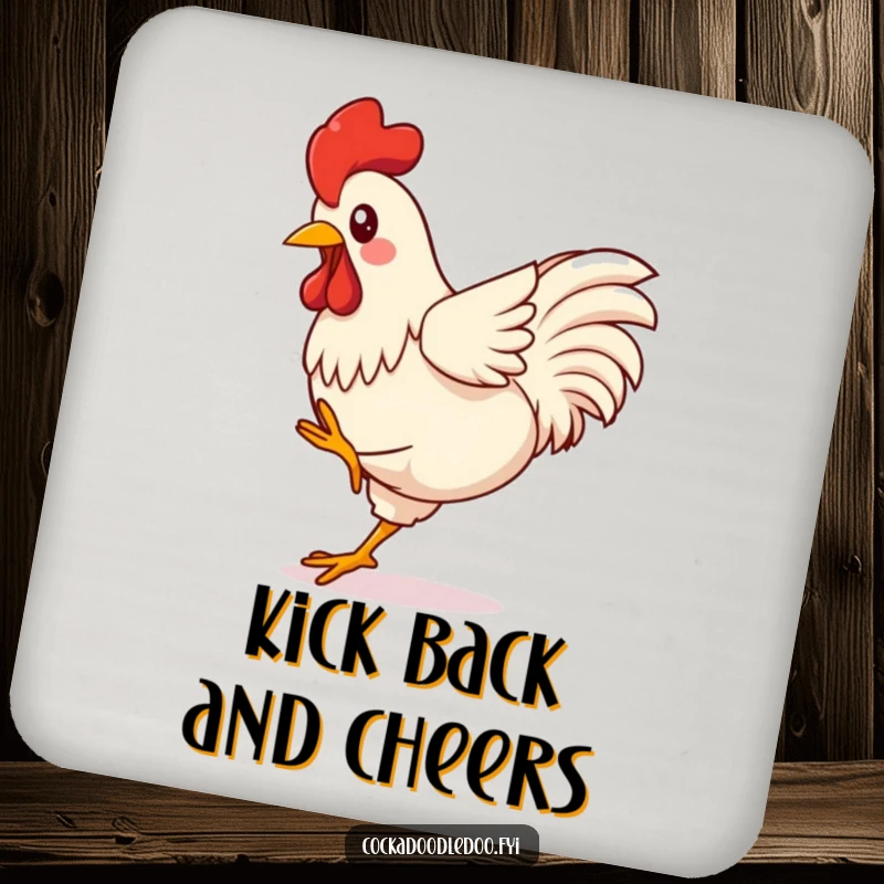 Funny Kawaii Rooster Coaster showing a bird kicking its legs with infectious, joyful, and playful energy, protecting your surfaces.