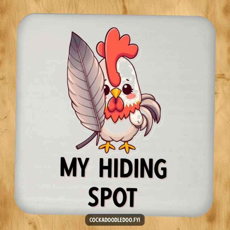 Funny peeking kawaii rooster coasters showing a shy rooster peeking from behind a large feather, protecting tables with charm.