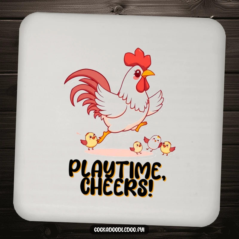 Funny Rooster Coaster, showing playful chasing of smaller birds happily, protecting surfaces with humor.