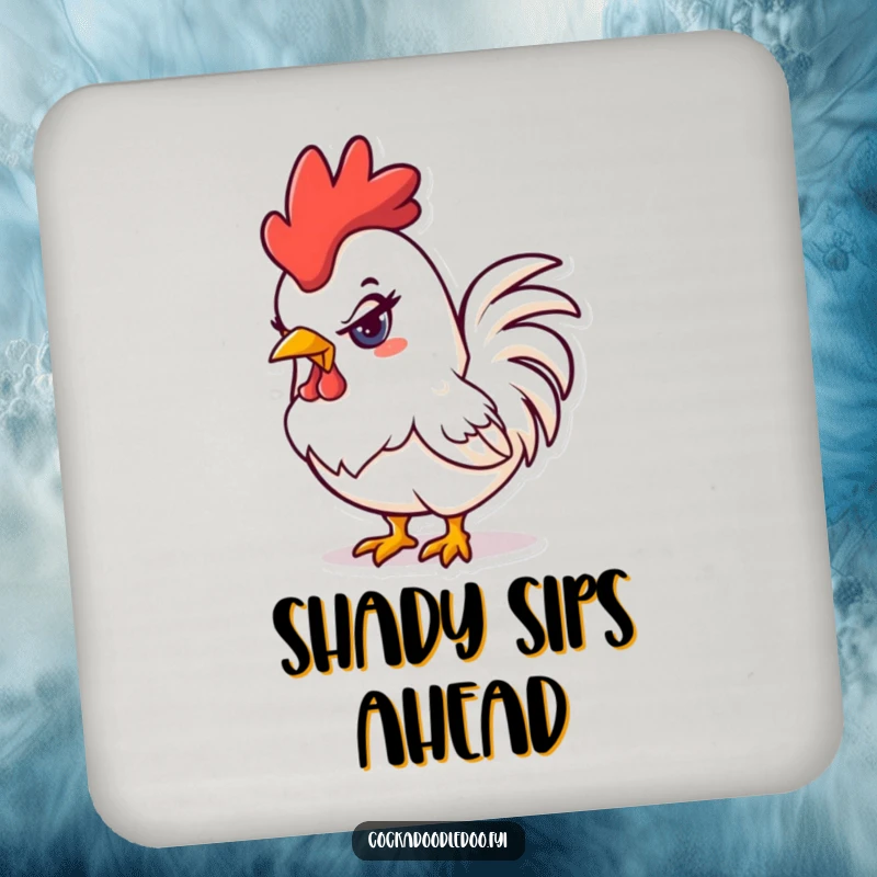 Funny mischievous kawaii rooster coasters showing a rooster with a naughty glint in its eye, protecting tables with charm.