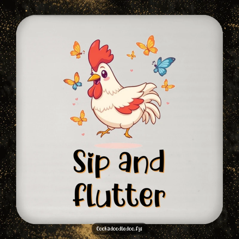 Funny drink coaster showcasing a playful Kawaii rooster character with a grin, chasing butterflies.