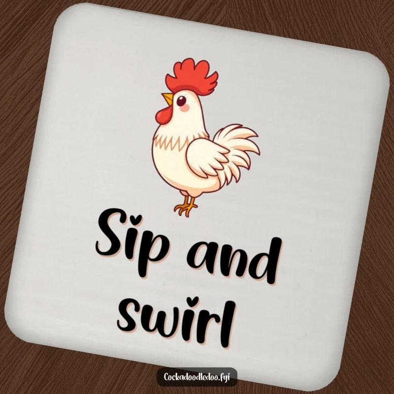 Funny drink coaster with a single, proud rooster feather in a playful swirl, floating down, adding elegance.