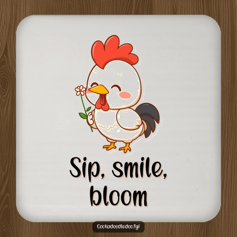 Funny Kawaii rooster coaster showing a cheerful character proudly holding a small flower. Protects surfaces with style.