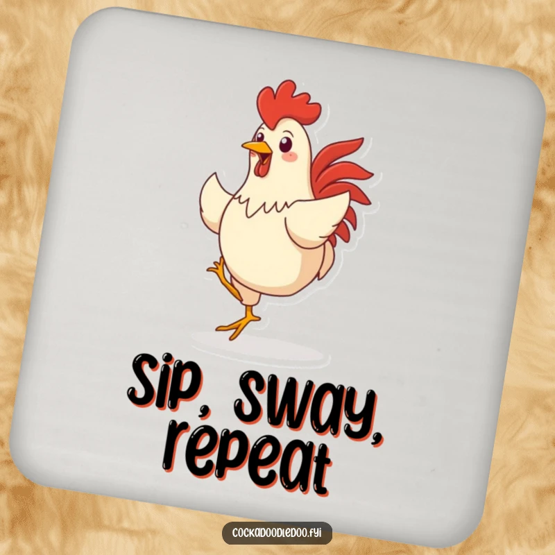 Funny drink coaster showcasing a delightful rooster character performing a spirited jig, adding a touch of playful farm charm.