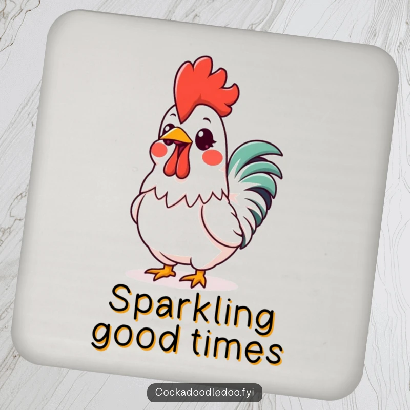 Funny Kawaii Rooster Comb Coasters: Set of coasters showcasing a cute rooster with a vibrant, glowing comb, adding humorous excitement to tabletops.