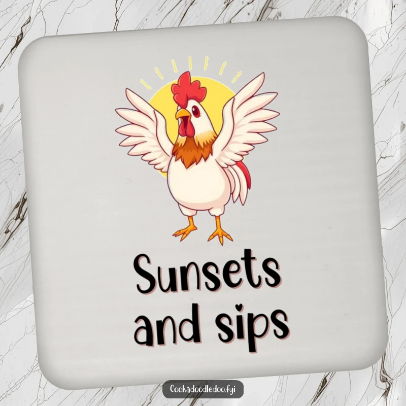 Funny drink coaster featuring a rooster basking in the sun, wings spread wide, adding a touch of peaceful farm charm.