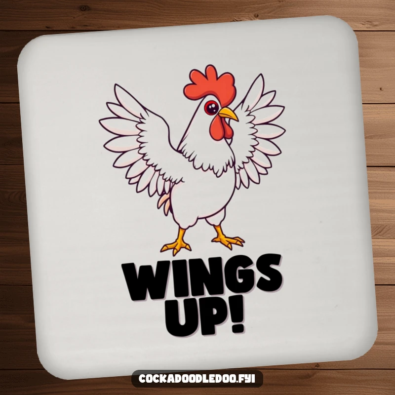 Funny Kawaii rooster coaster showing a determined character stretching wings wide in a grand pose. Functional and inspiring.