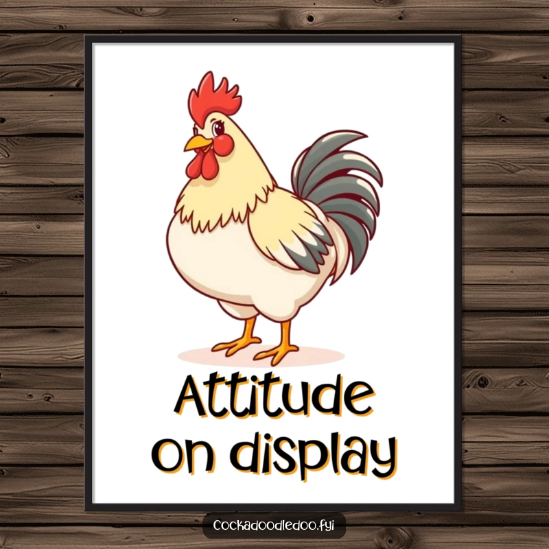 Funny poster featuring a happy rooster strutting confidently with its chest puffed out, radiating joy and self-assurance.