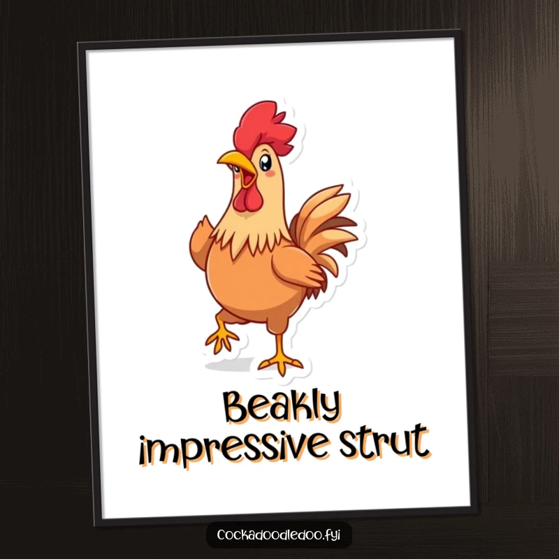 Funny Kawaii Rooster Poster: A cheerful rooster in a proud strut, beak wide and happy, bringing a humorous and cute vibe to wall art.