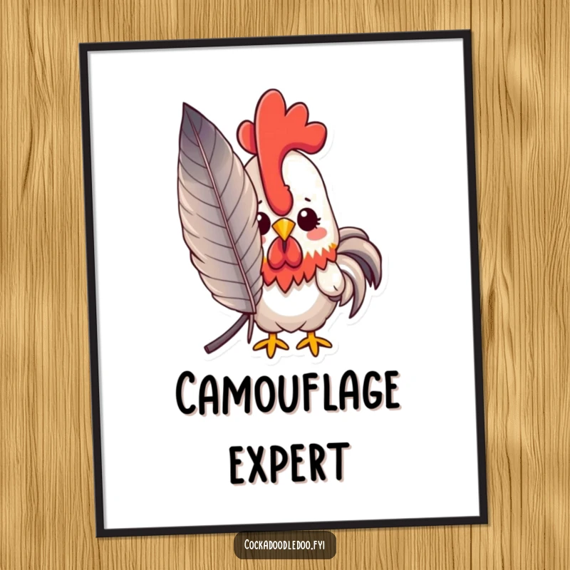 Funny peeking kawaii rooster poster showing a rooster peeking from behind a large feather, great for funny decor.