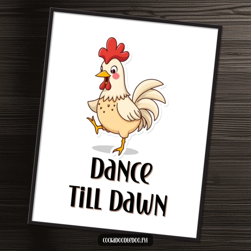 Funny Rooster Jig Poster: A colorful art print of a rooster in a funny, energetic jig, comb bobbing with glee.