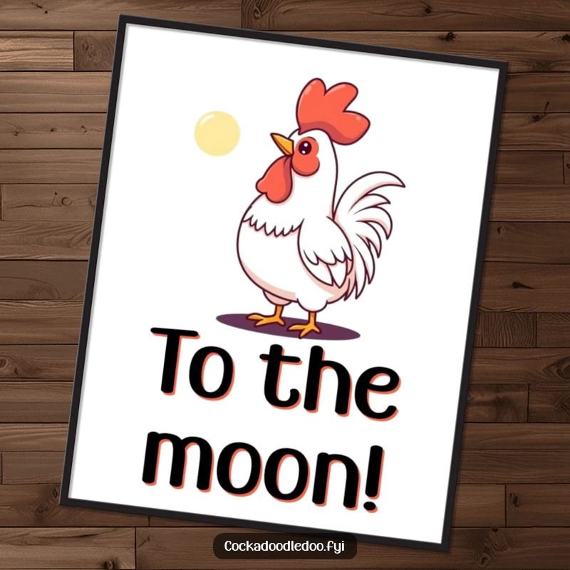 Funny poster print of a determined rooster crowing with all his might at a small, distant moon.