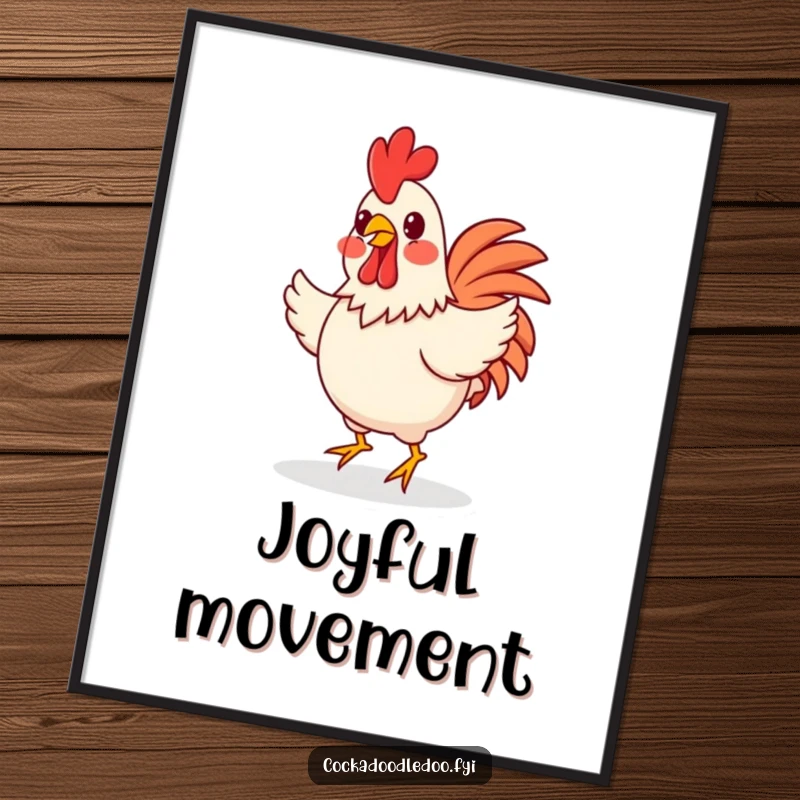 Funny happy rooster with rosy cheeks performing a cheerful jig, presented as a poster for joyful and playful wall decor.