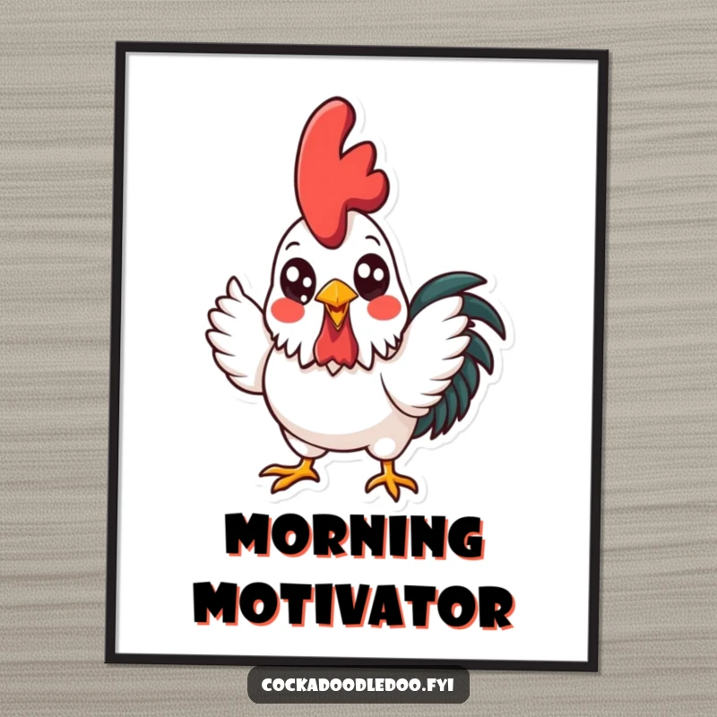 Funny kawaii rooster character depicted crowing with gusto, head held high, on a colorful poster for cheerful home decor.