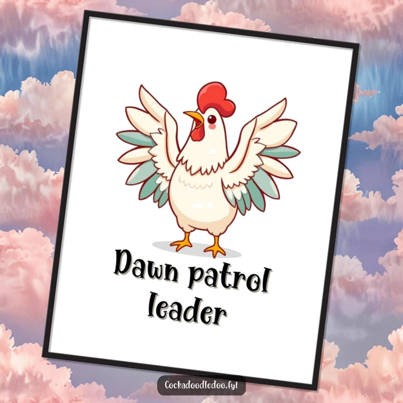 Funny Kawaii Rooster Poster capturing a vibrant bird mid-crow, wings spread, celebrating the start of a new day.
