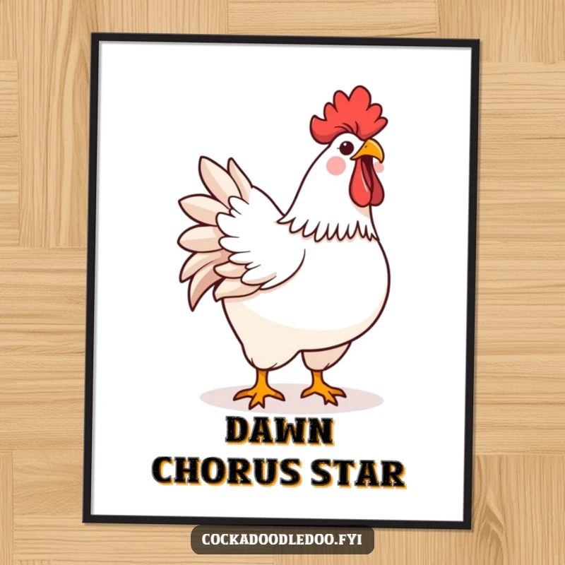 Funny kawaii rooster crowing joyfully with chest puffed out, presented as a cheerful wall art poster.
