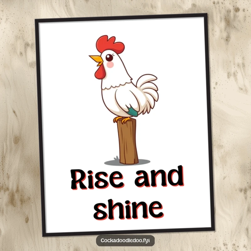 Funny Kawaii rooster poster featuring a cute rooster perched on a fence, head thrown back in a joyful, loud crow.