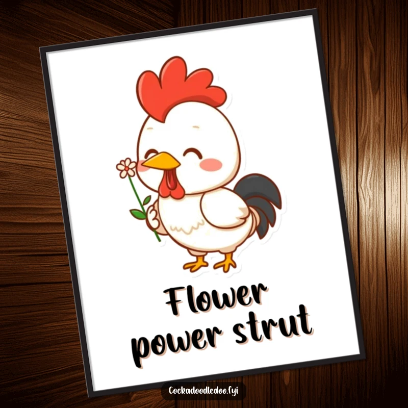 Funny Kawaii rooster poster featuring a cheerful character proudly holding a small flower. A delightful piece of wall art.