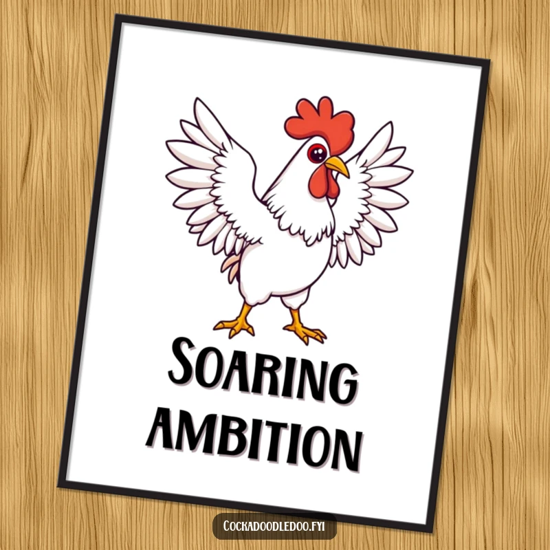 Funny Kawaii rooster poster featuring a determined character in a grand pose, wings spread wide. Motivational wall art.