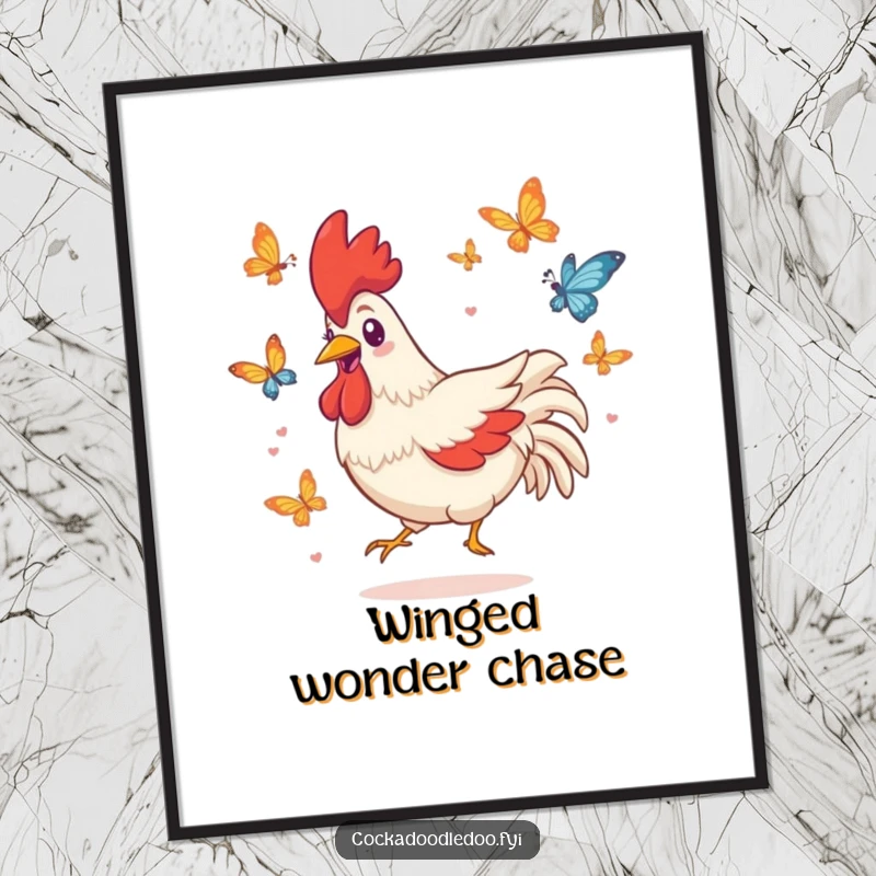 Funny poster print of a playful Kawaii rooster character with a big grin, chasing colorful butterflies with glee.