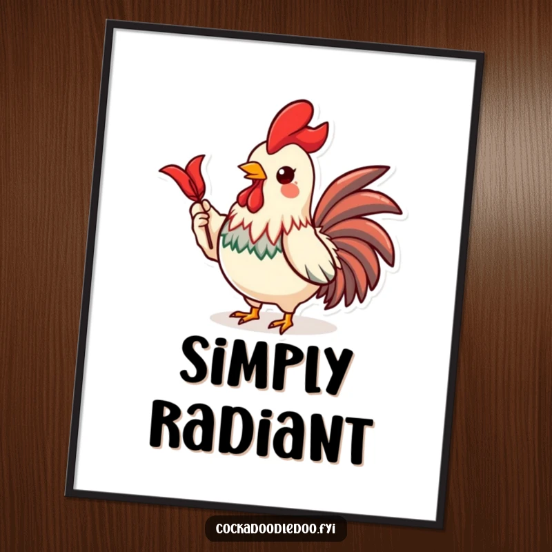 Funny poster print of a proud Kawaii rooster character proudly displaying a single, shiny red feather.