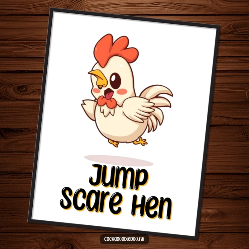 Funny Kawaii rooster poster depicting a startled character in a comical backward hop. Humorous wall art.