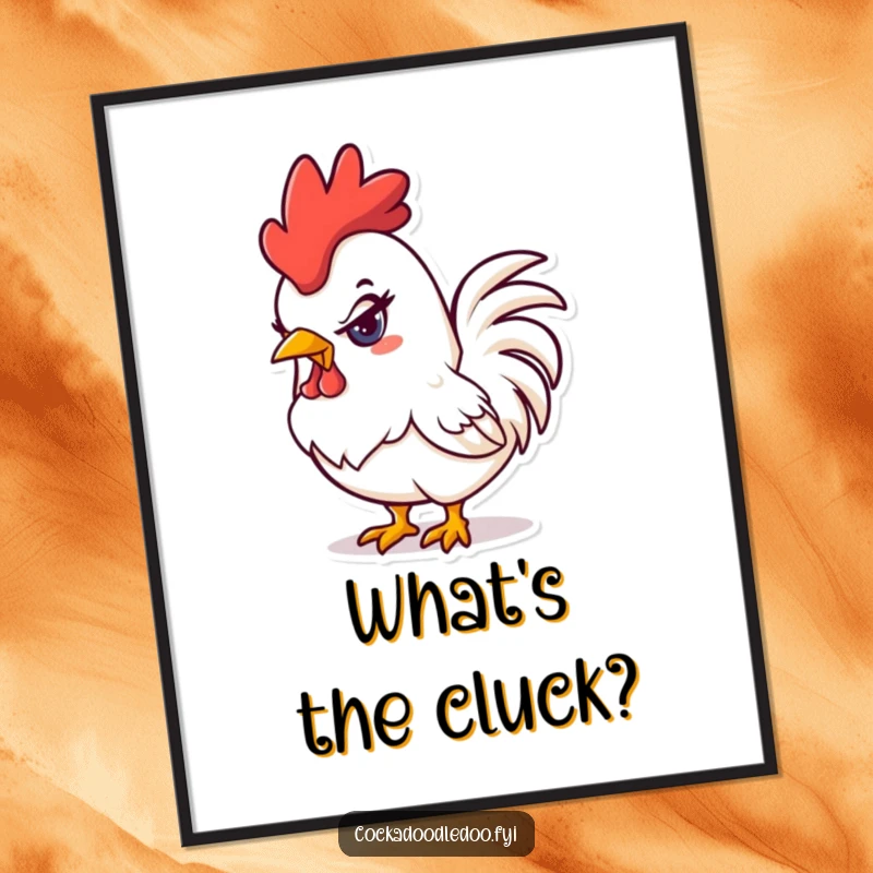 Funny mischievous kawaii rooster poster showing a rooster with a naughty glint in its eye, great for funny decor.
