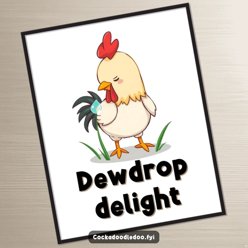 Funny playful rooster poster, pecking a dewdrop on grass. Charming wall art, perfect for adding a touch of nature's humor as a gift.
