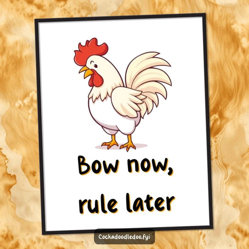 Funny poster print of a rooster performing a flamboyant bow, featuring a vibrant display of tail feathers and a comical flourish.