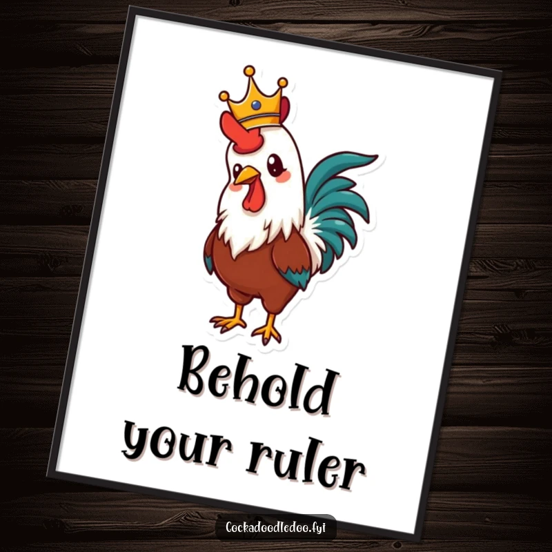 Funny poster featuring a proud rooster wearing a crown, crowing with immense pride, creating a bold and humorous statement piece.