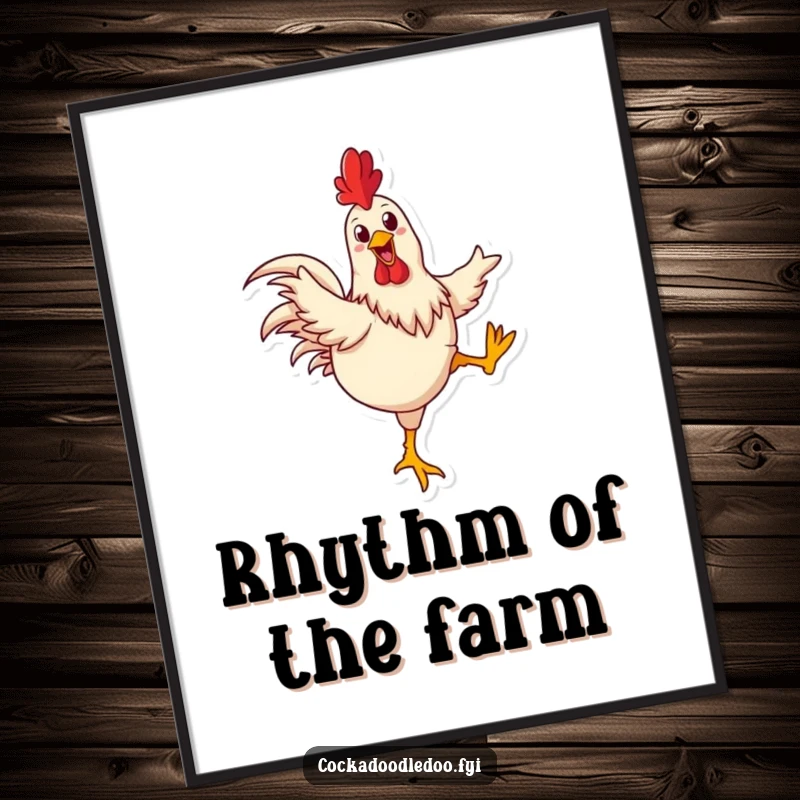 Funny rooster poster of a happy rooster energetically kicking its legs in a dance, conveying pure, comical joy.