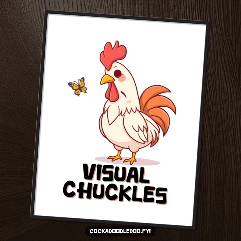 Funny poster art of an amused rooster character visually chuckling while observing a butterfly flutter gracefully nearby.