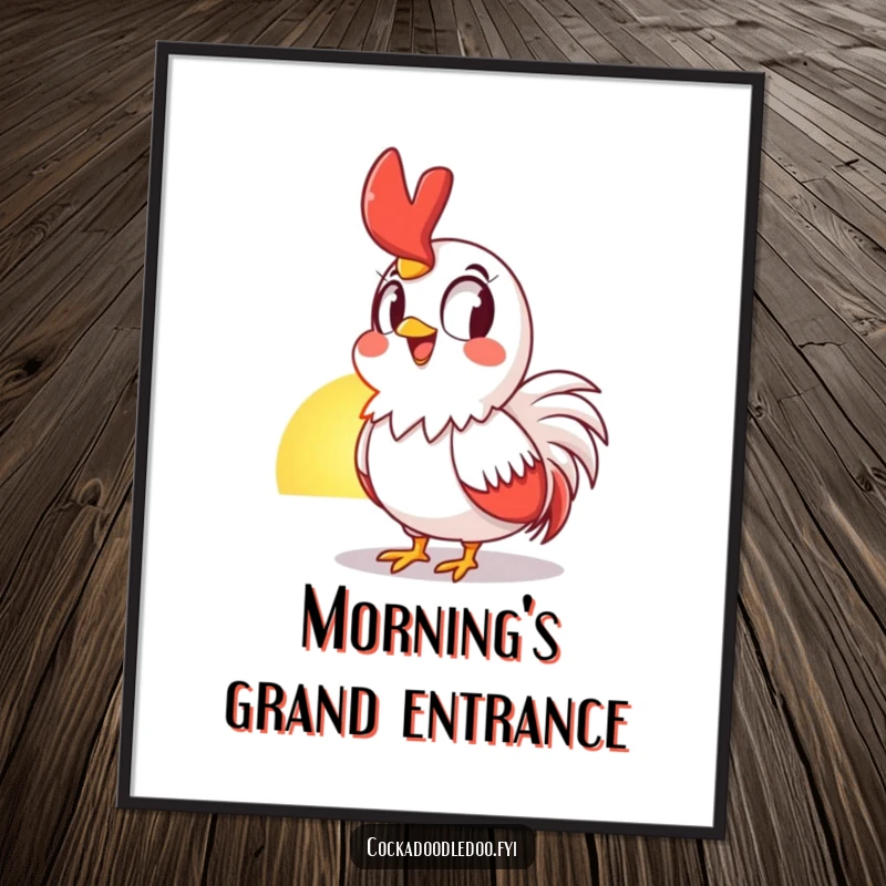 Funny Poster showcasing a rooster's wide-eyed, grinning awe at a beautiful sunrise, adding cheer and humor to any room.