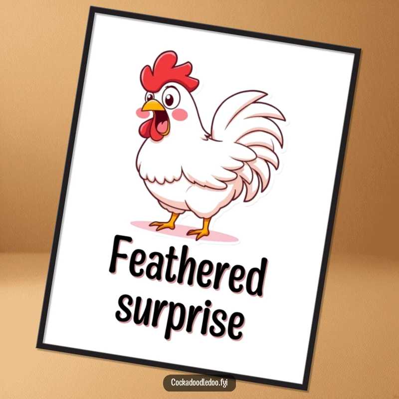 Funny Shocked Rooster Poster: An art print of a rooster with wide, surprised eyes, shaking its tail feathers dramatically.