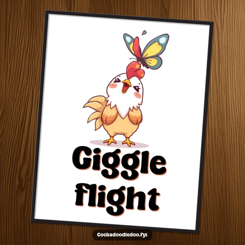 Funny Kawaii rooster poster featuring a giggling character looking up at a soaring butterfly. Enchanting wall art.