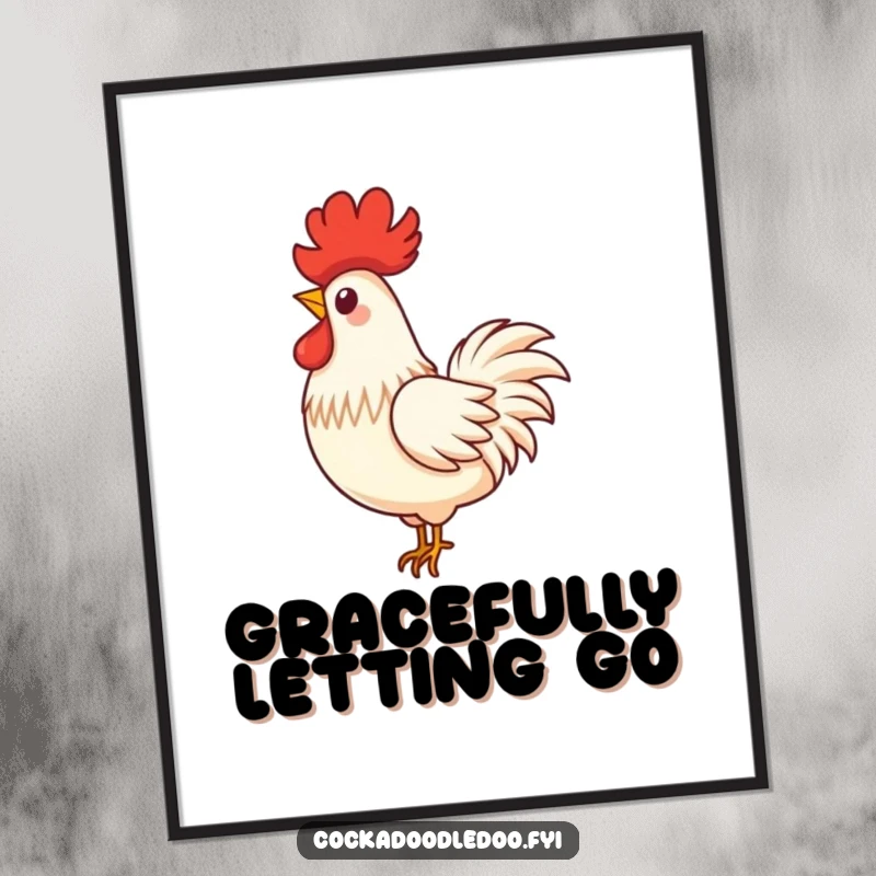 Funny poster illustrating a single, proud rooster feather in a playful swirl, gracefully floating down, evoking peace.