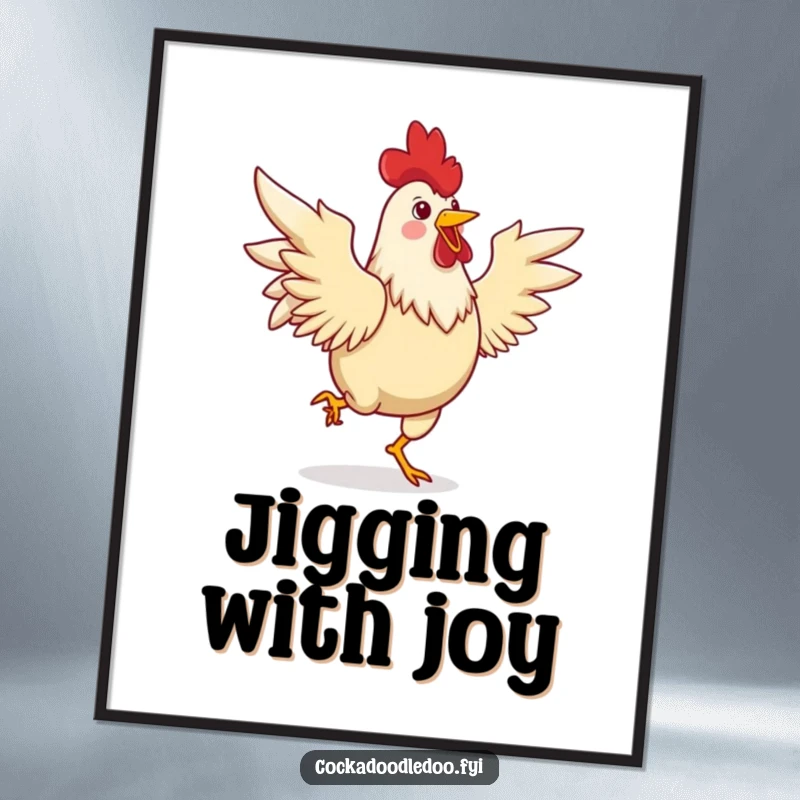 Funny poster of a joyful rooster dancing a lively jig with its wings spread, creating a visually energetic and celebratory piece of art.