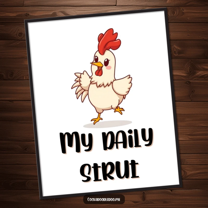 Funny rooster poster art of a cheerful character rooster with comb held high, performing a joyful and happy strut.