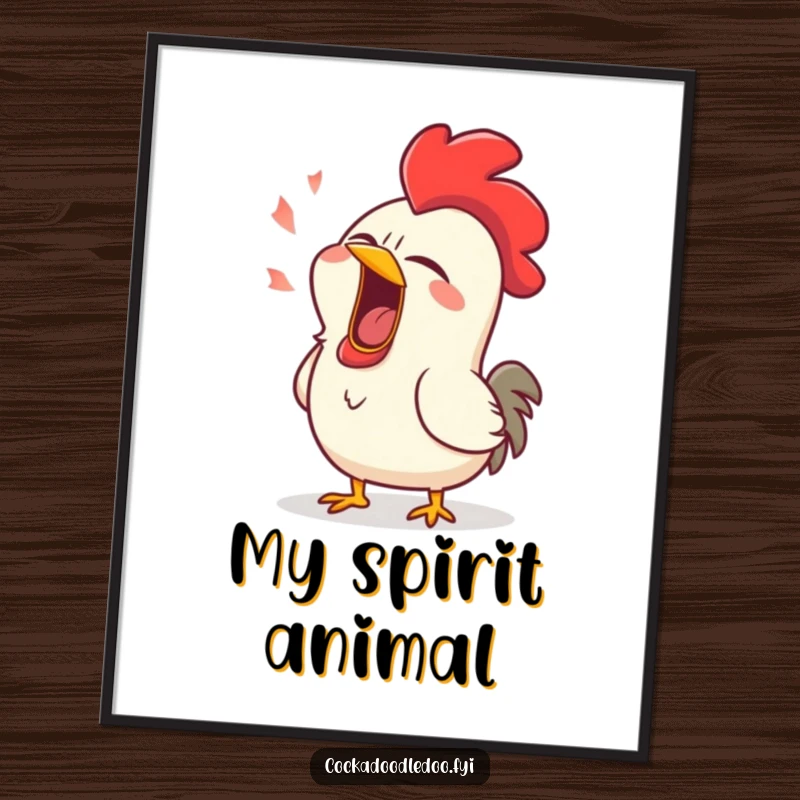 Funny poster print of a rooster caught in a huge, comical yawn, eyes drooping, capturing the essence of deep fatigue.