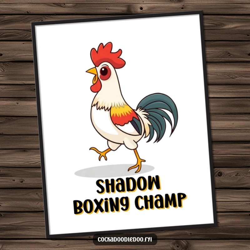 Funny poster art of a rooster playfully chasing its own shadow, creating a humorous and lighthearted visual.