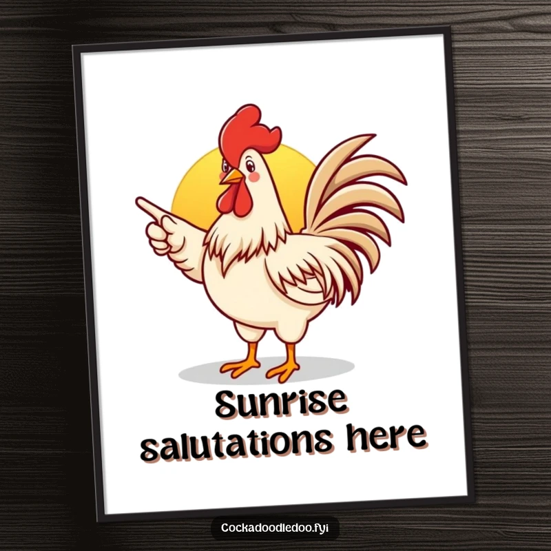 Funny rooster poster print of an enthusiastic rooster pointing towards a sunrise, adding cheer to walls.