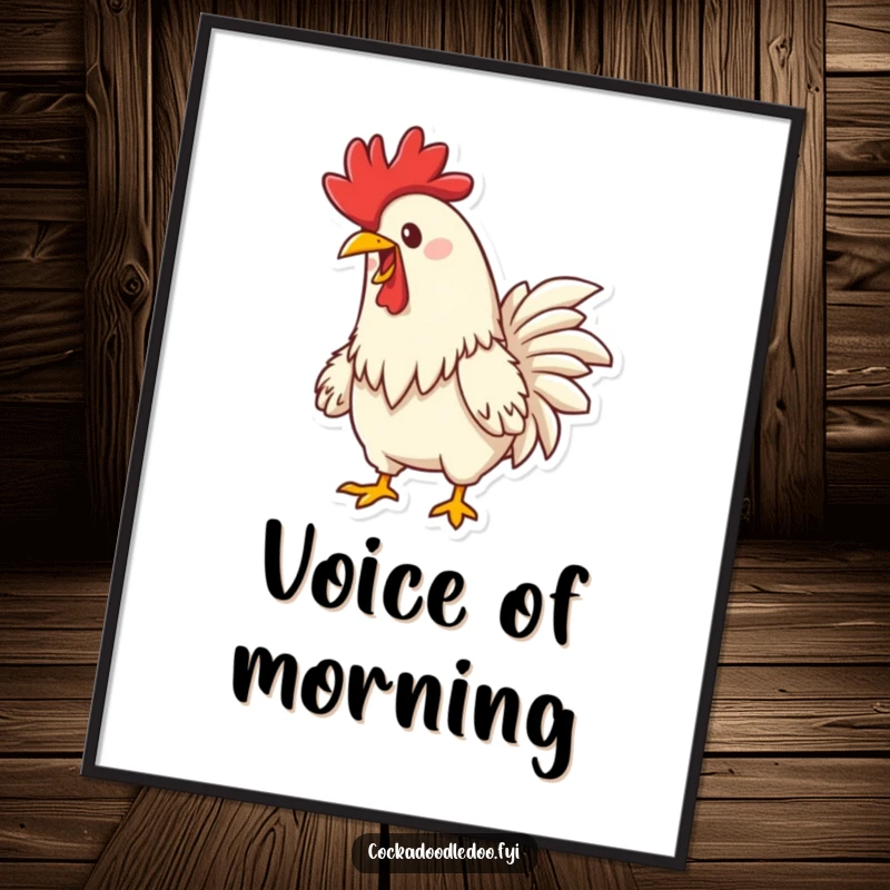 Funny Happy Rooster Crowing Poster: Art print of a rooster with a determined smile, joyfully crowing at the dawn.