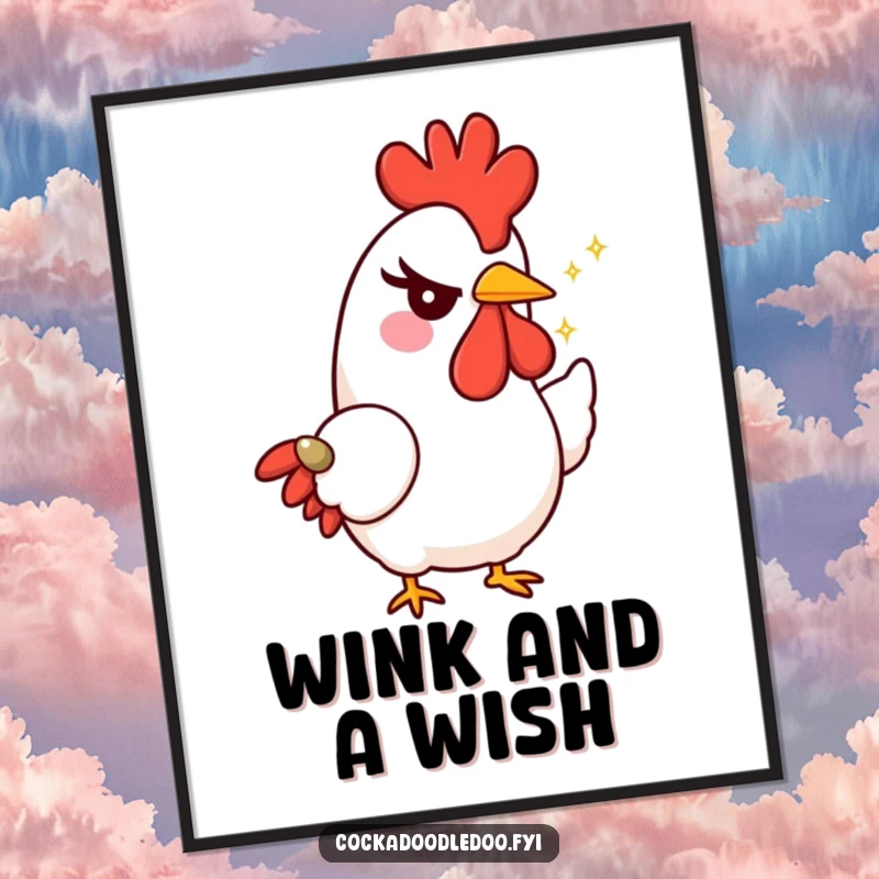 Funny rooster poster featuring a character with a mischievous wink, offering a tiny, sparkling seed, radiating playful generosity and charm.