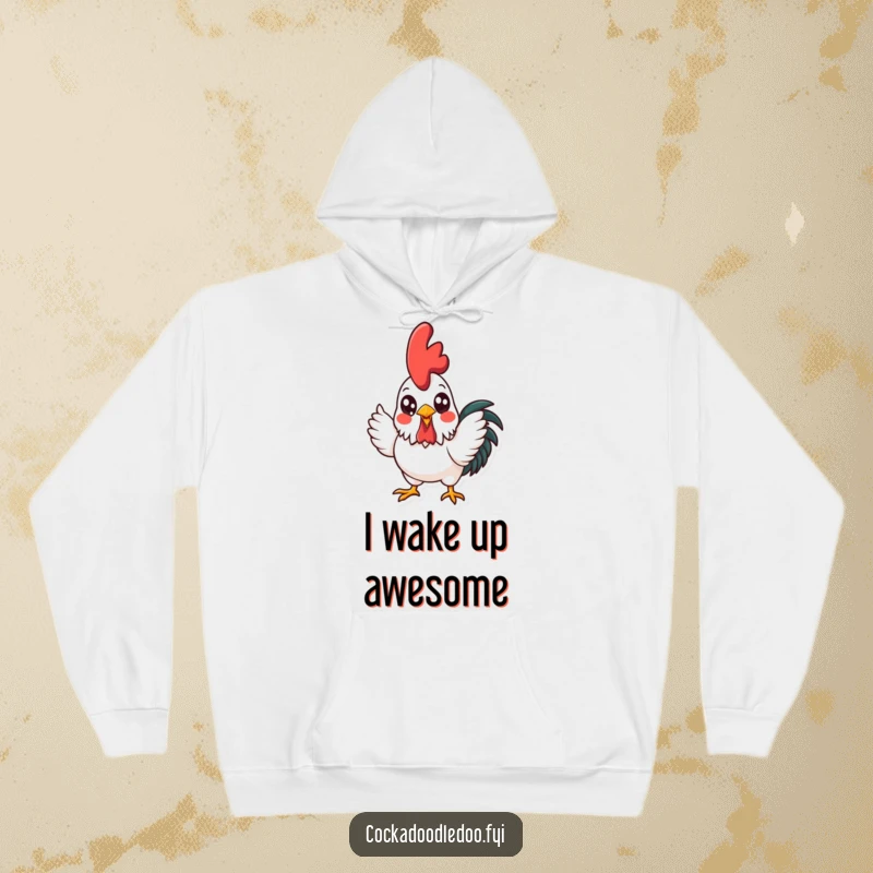 Funny kawaii rooster in energetic crowing pose, designed on a cozy hoodie for ultimate comfort and morning cheer.