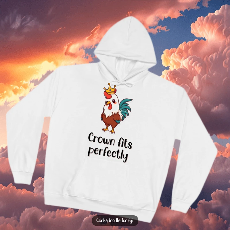 Funny hoodie showcasing a regal rooster wearing a crown, crowing with immense pride, symbolizing power and a glorious start to the day.